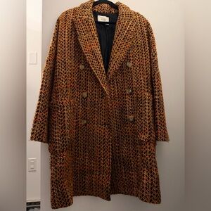 Suoli Orange Multicolor Double-Breasted Tweed Pea Coat
